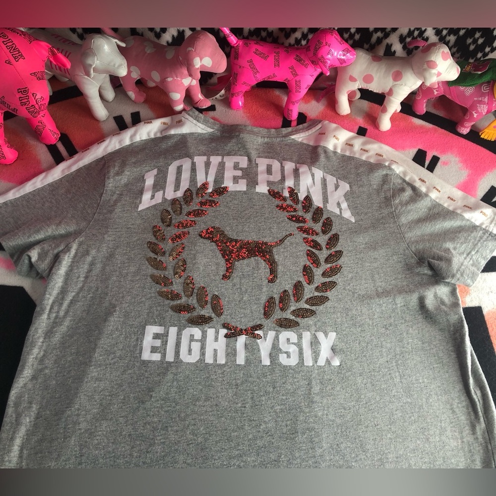2018 PINK Victoria's Secret Gray and Gold Sequin Dog Graphic Tee